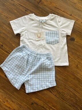 Busy Bee Smocks Blue and White Gingham Shorts Set